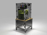 Bambu A2L enclosure workstation table — 3D printer and Clearview enclosure mounted on the 40-series black aluminum extrusion frame, locking clear-acrylic storage compartment, locking casters