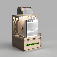 Front view with the drawer open showing spool storage