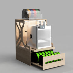 Front view of the printer stand with LED lighting under the AMS shelf