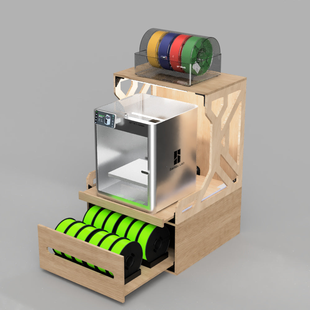 Clearview Baltic birch printer stand and storage rack, rendered with a Bambu Lab printer on the slide-out deck, AMS on the top shelf and the 12-spool drawer below