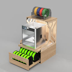 Clearview Baltic birch printer stand and storage rack, rendered with a Bambu Lab printer on the slide-out deck, AMS on the top shelf and the 12-spool drawer below