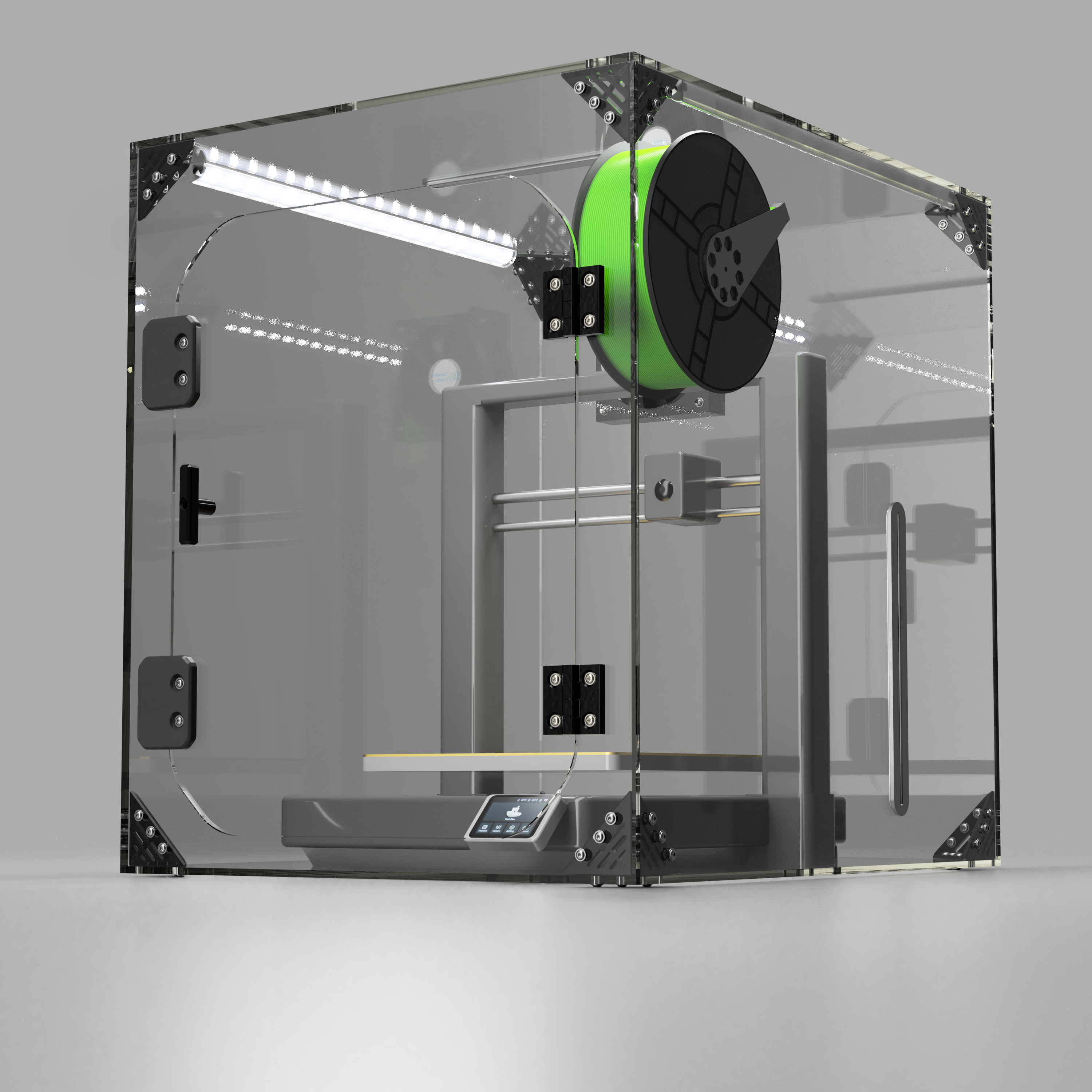 Clearview Ender 3 V3 enclosure render, front door open, reference for the Ender 3 V3 Mega enclosure