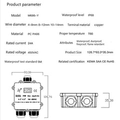 3 Way Waterproof Junction Box IP68 4/5/6pin 4-14mm Electrical Cable Wire Connectors 24A 450V External Electrical Junction Box