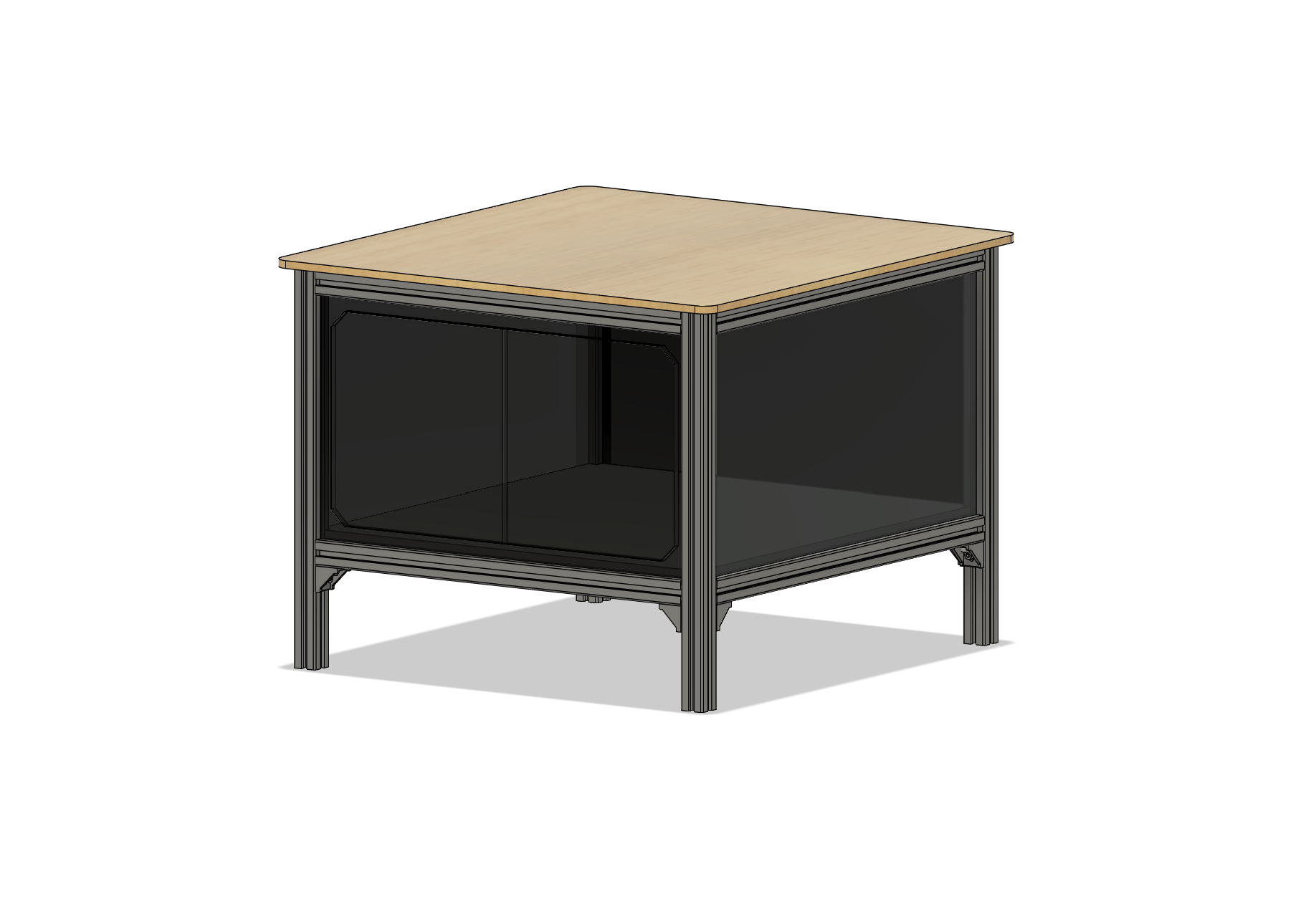 Clearview enclosure workstation table — 40 series black aluminum extrusion frame with melamine top and locking acrylic compartment, sized for the Bambu Lab H2 enclosure