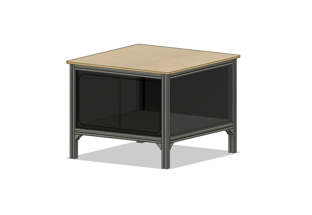 Clearview enclosure workstation table — 40 series black aluminum extrusion frame with melamine top and locking acrylic compartment, sized for the Bambu Lab H2 enclosure