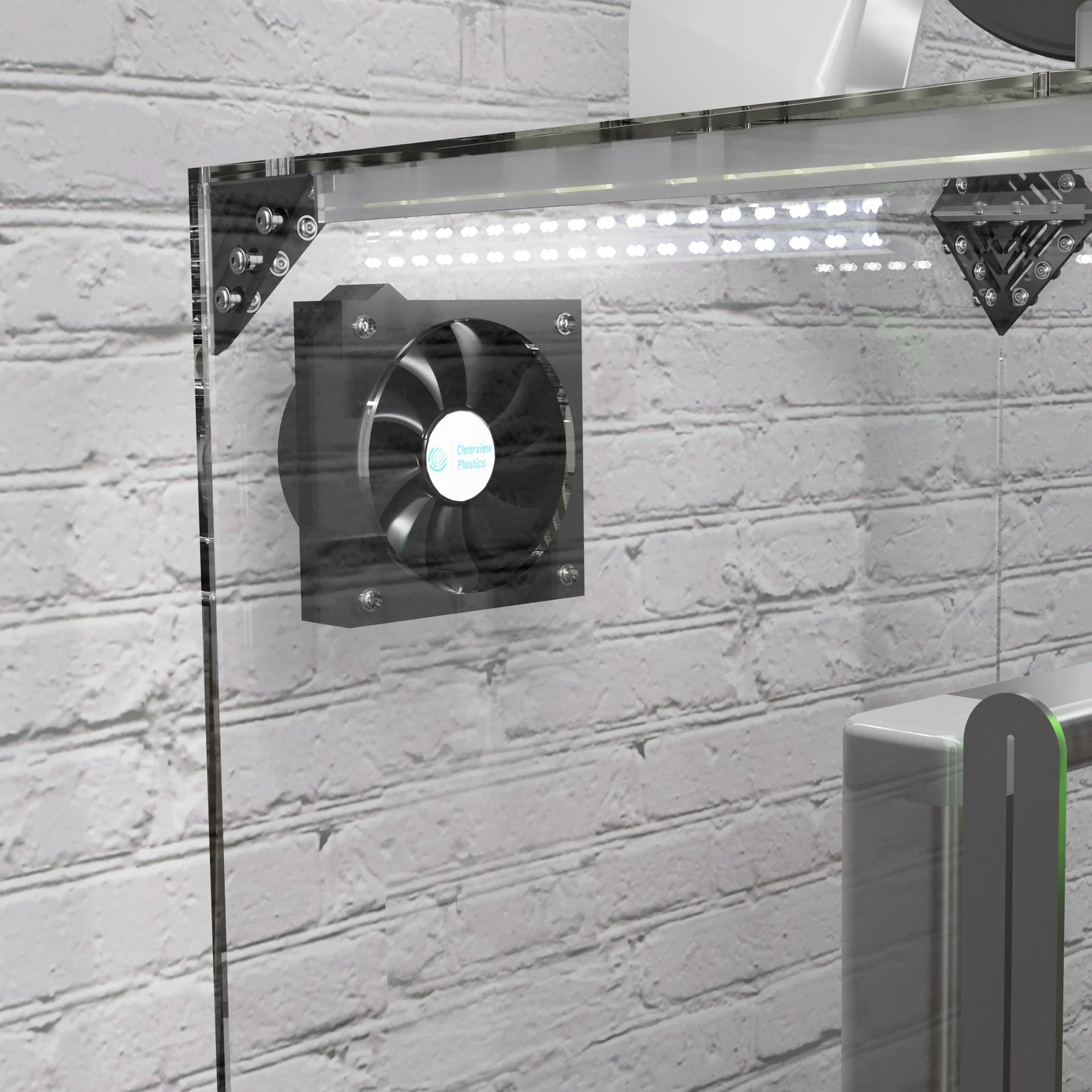 Close-up of the Clearview 120 mm filter fan mounted to the enclosure panel below the LED strip