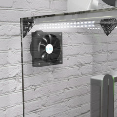 Close-up of the Clearview 120 mm filter fan mounted to the enclosure panel below the LED strip