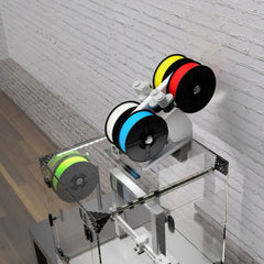 Top-down view of the enclosure showing the external spool holder mount, LED rail and corner brackets