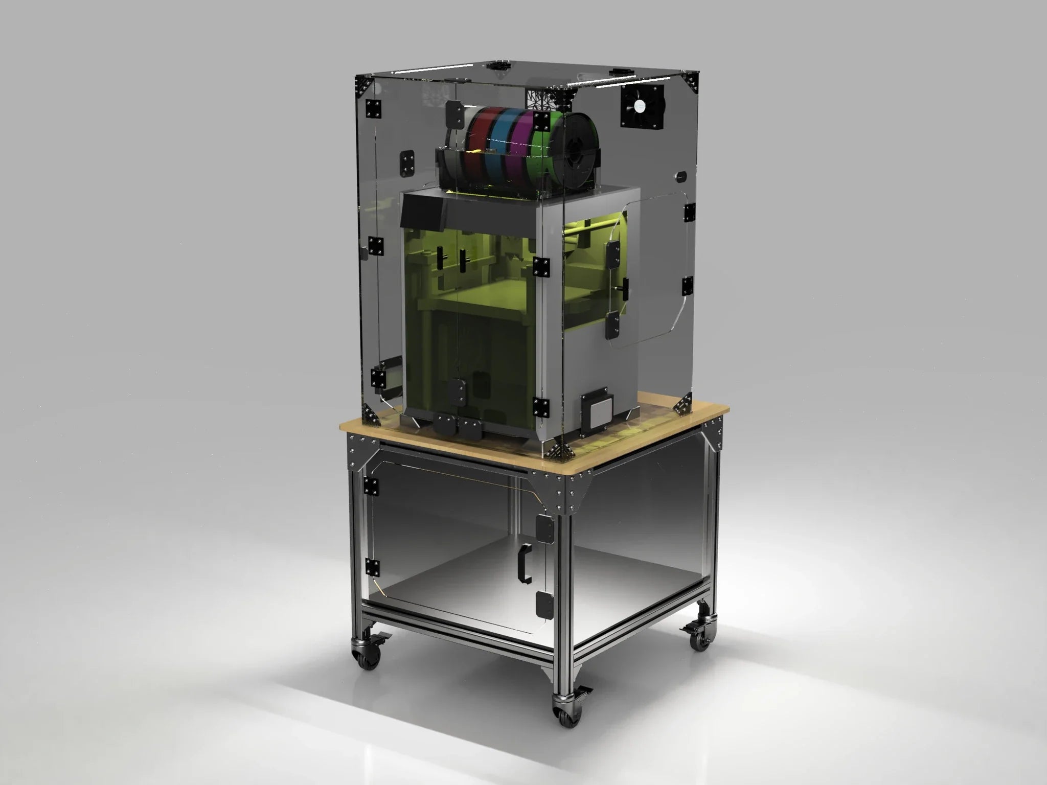 Bambu H2 enclosure workstation table — 3D printer and Clearview enclosure mounted on the 40-series black aluminum extrusion frame, locking clear-acrylic storage compartment, locking casters