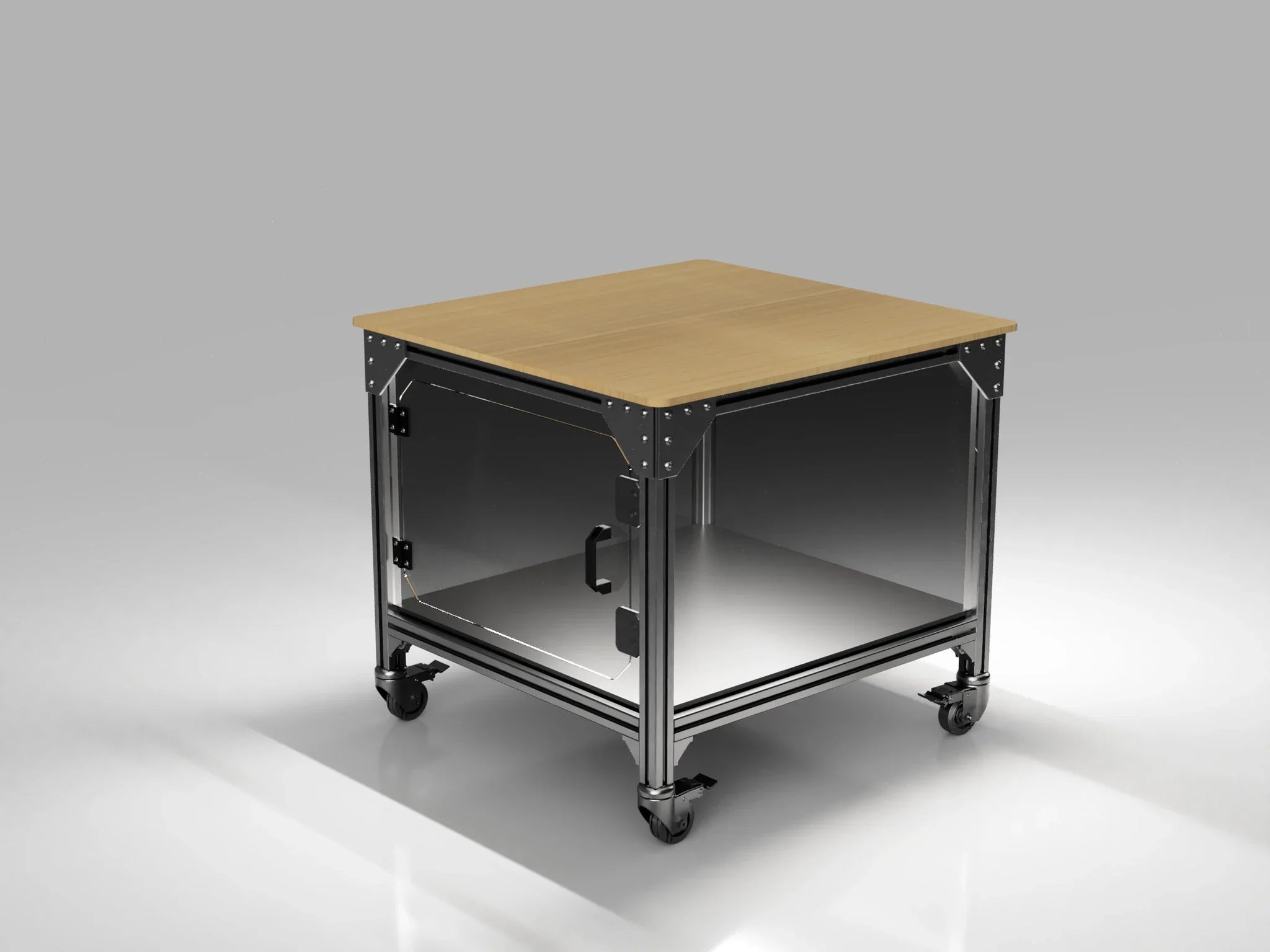 Centauri Carbon 2 enclosure workstation table, three-quarter view with the locking acrylic storage compartment closed — cast corner brackets, T-slot frame, locking casters