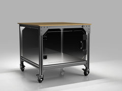 Bambu A1 enclosure workstation table with the locking storage compartment doors open, showing the enclosed mid-shelf for filament, dryers and tooling