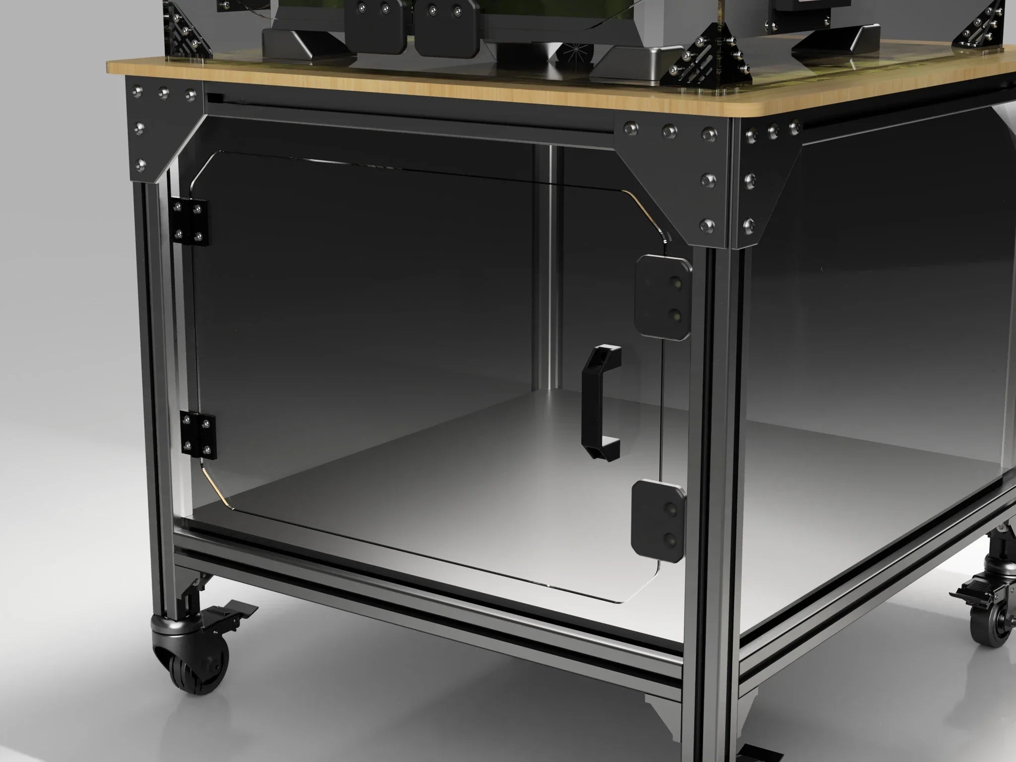 Bambu X2D / P2S enclosure workstation table hardware detail — 40-series extrusion corner joint, cast bracket, compartment door hinge, handle and cam lock
