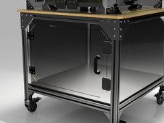 Creality SparkX i7 enclosure workstation table hardware detail — 40-series extrusion corner joint, cast bracket, compartment door hinge, handle and cam lock