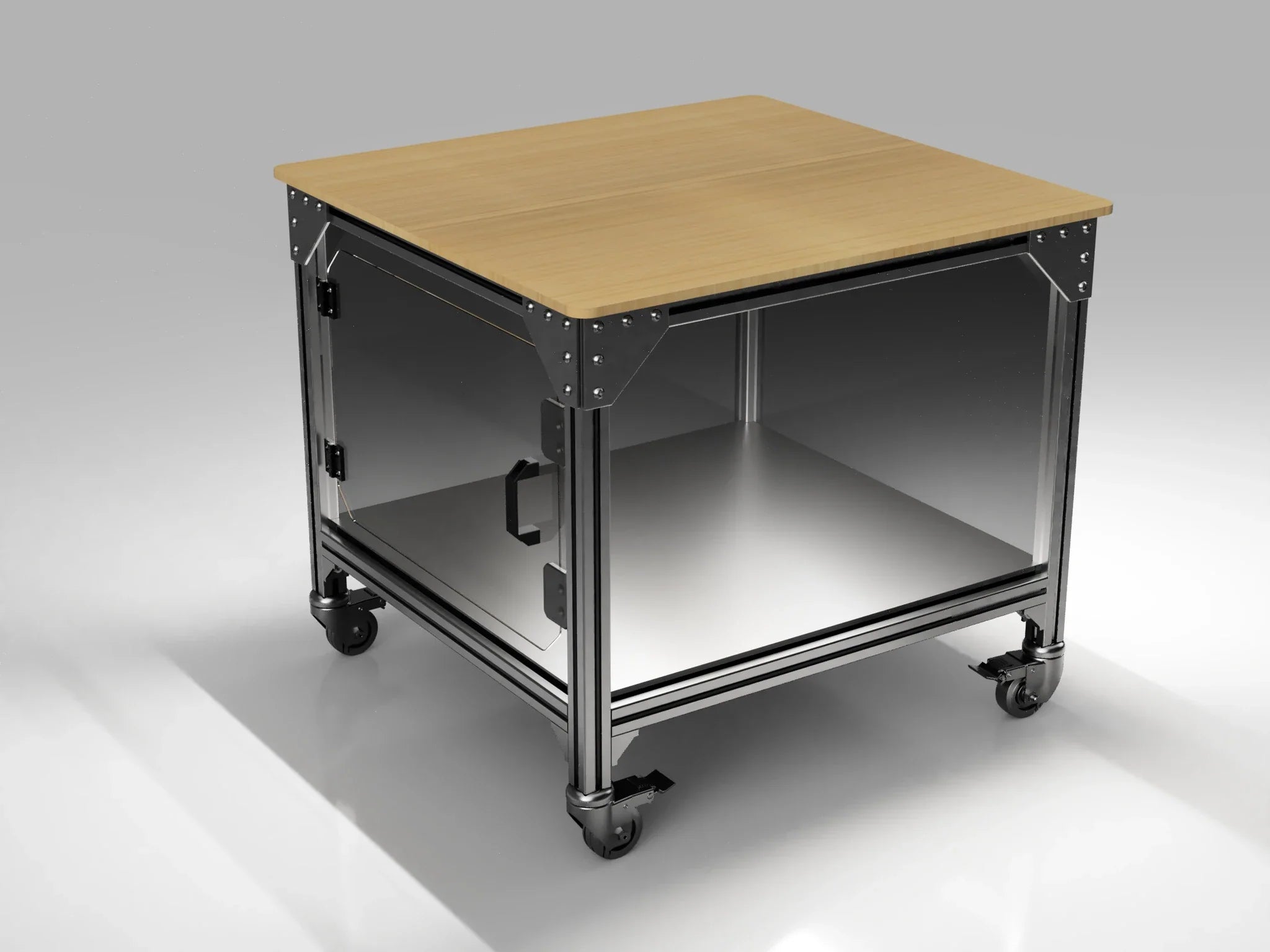 Snapmaker U1 enclosure workstation table in the open-base configuration with a lower storage shelf, on locking casters
