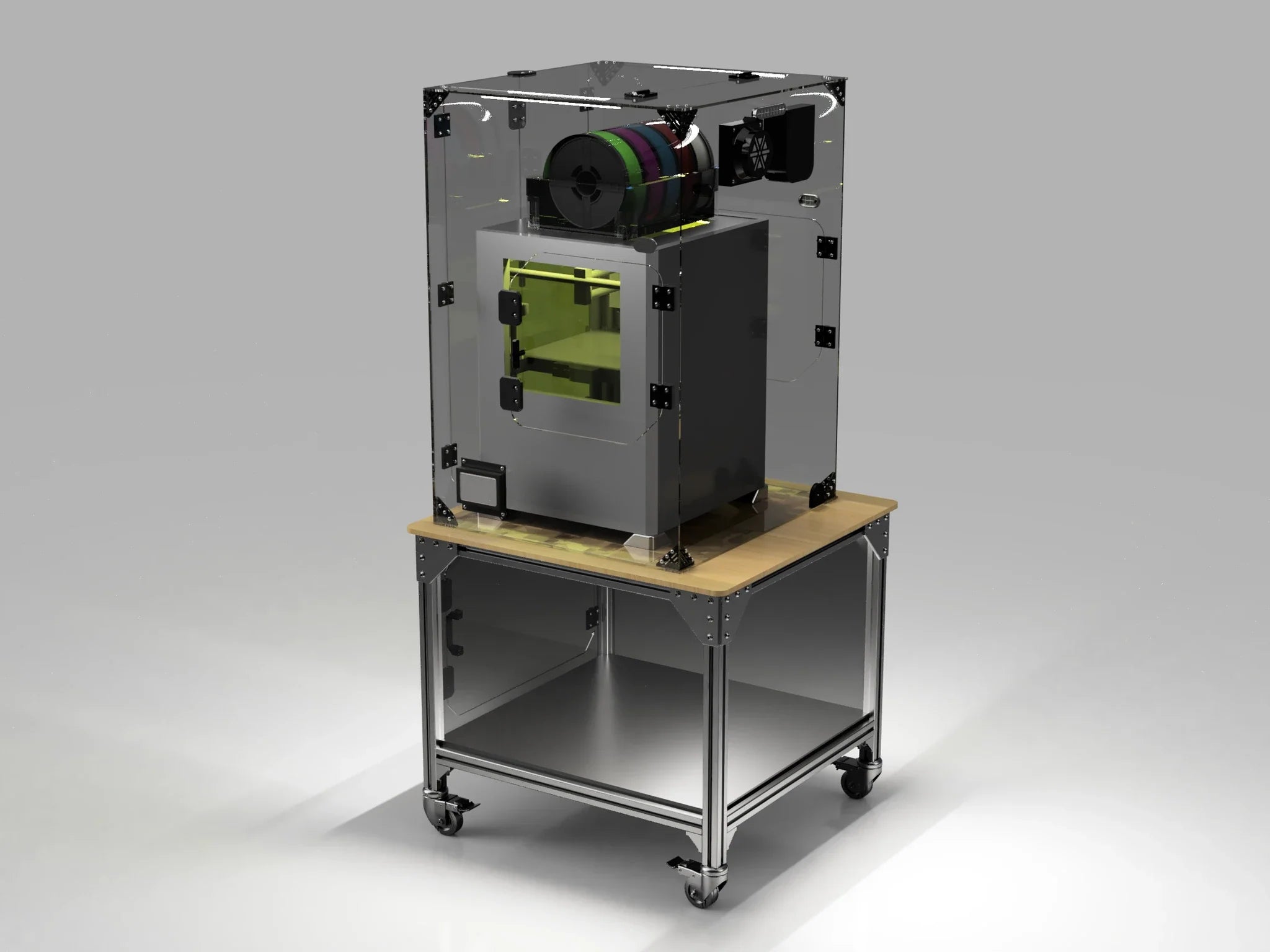 Bambu A1 enclosure workstation table in the open-base configuration supporting a 3D printer inside a Clearview enclosure