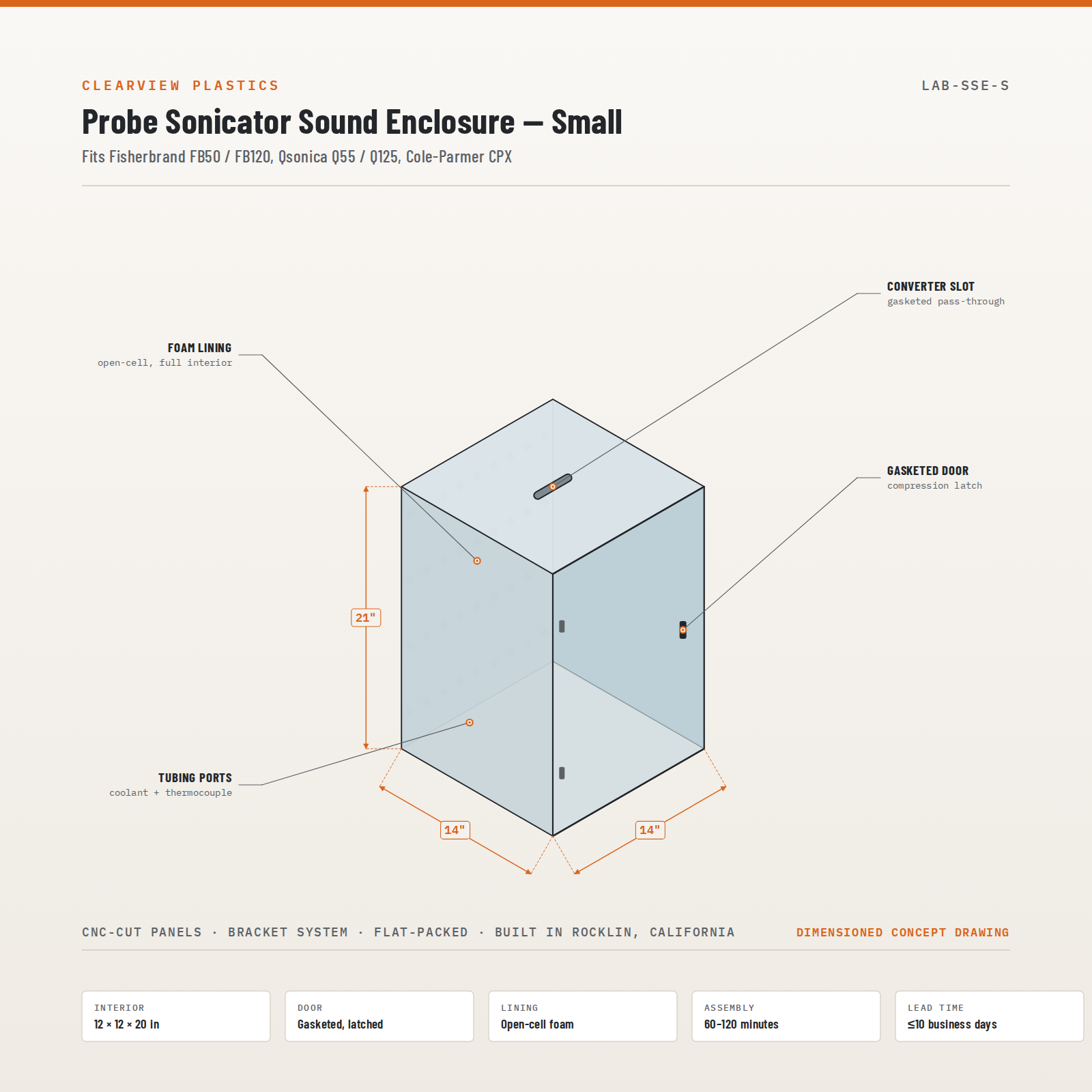 Clearview probe sonicator sound enclosure small, gasketed door and converter slot, dimensioned drawing