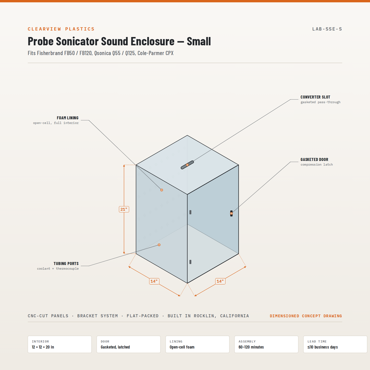 Clearview probe sonicator sound enclosure small, gasketed door and converter slot, dimensioned drawing