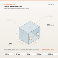 Clearview still air workstation 24 inch dead air box in polycarbonate with two arm ports, dimensioned drawing