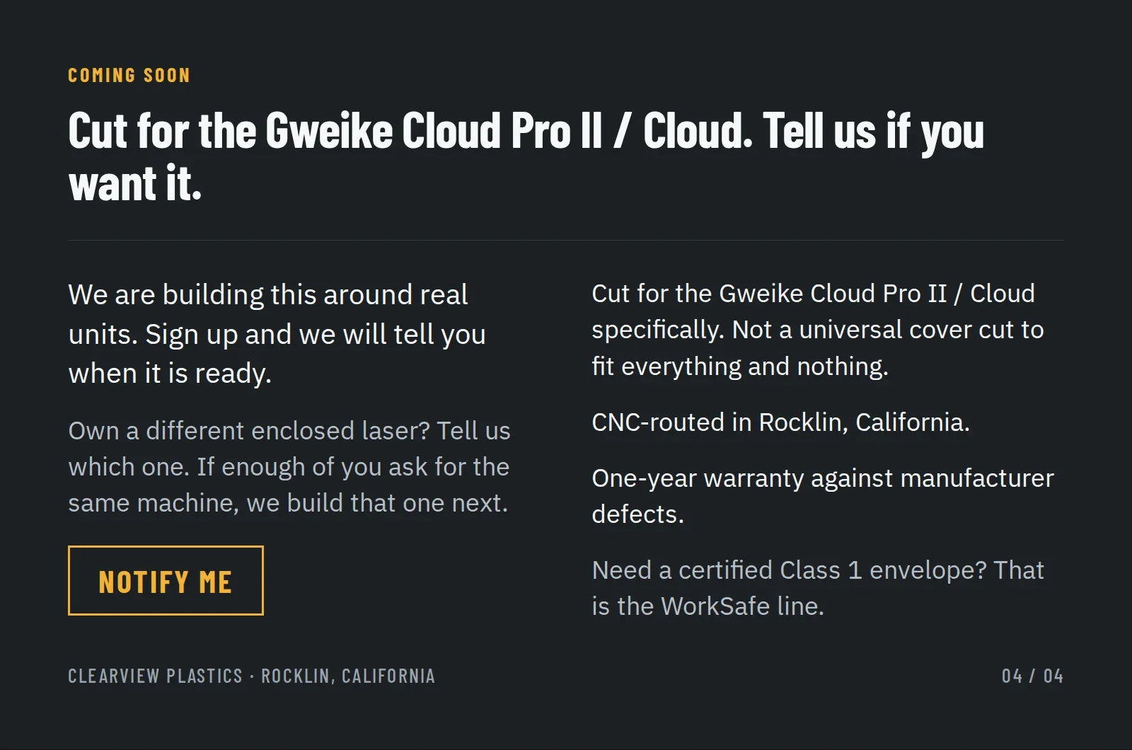 Coming soon: cut for the Gweike Cloud Pro II / Cloud, CNC-routed in Rocklin, California