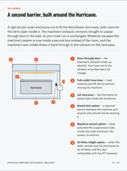 AtomStack Hurricane Supplemental Enclosure: annotated diagram of the outer enclosure with pass-through duct, front door, lid clearance, lock, BlazeCut mount and H3 Riser height option