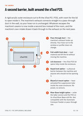 xTool P2 / P2S Supplemental Enclosure: annotated diagram of the outer enclosure with pass-through duct, front door, lid clearance, lock, BlazeCut mount and Riser Base height option