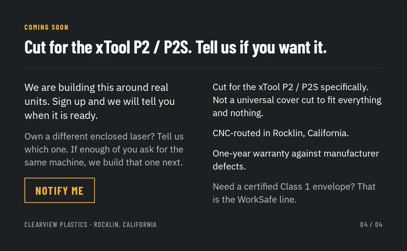 Coming soon: cut for the xTool P2 / P2S, CNC-routed in Rocklin, California