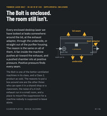 Why an enclosed laser still leaks: internal push fan, positive pressure, smoke escaping at lid seam, duct adapter and underside