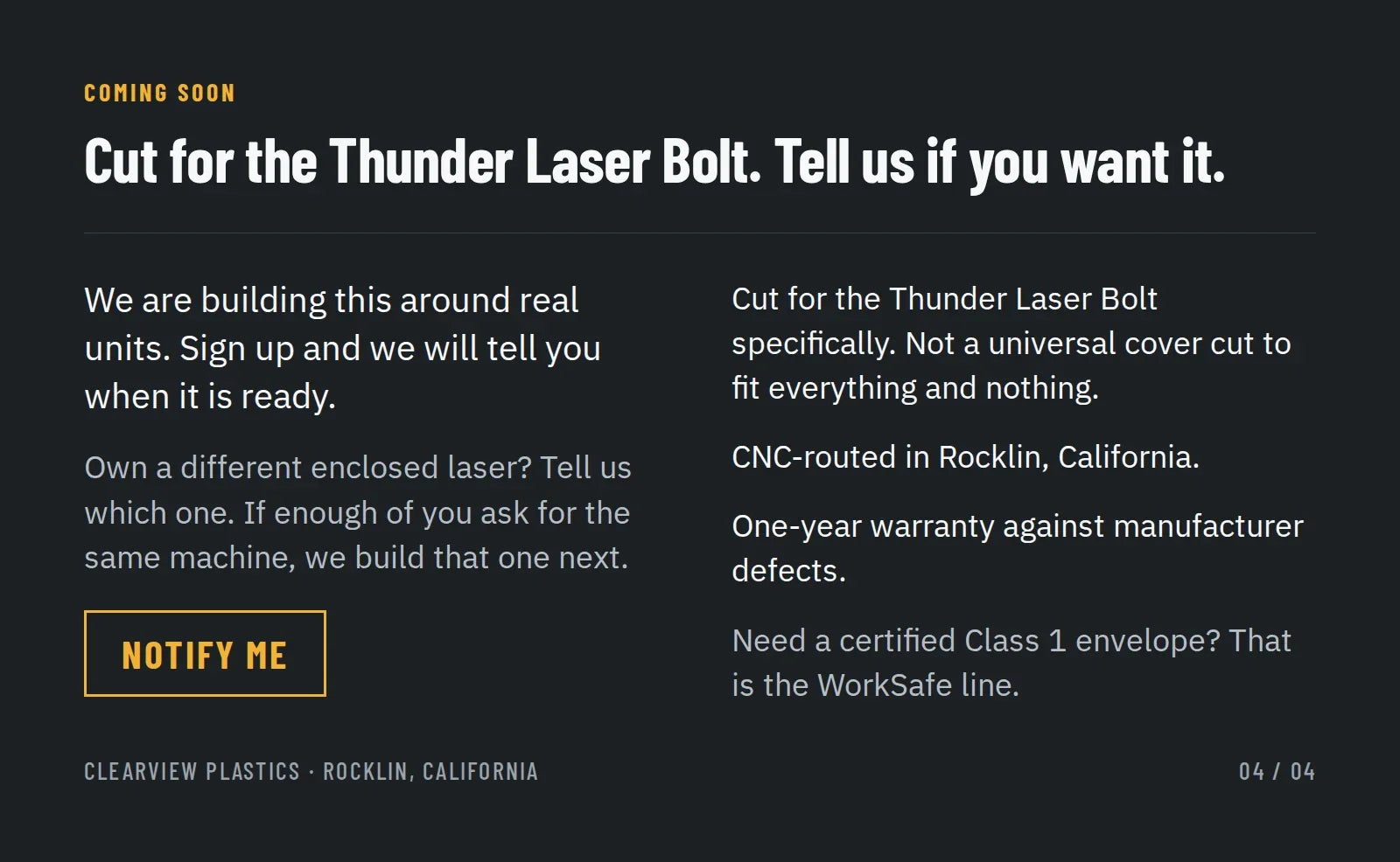 Coming soon: cut for the Thunder Laser Bolt, CNC-routed in Rocklin, California
