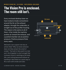 Why an enclosed laser still leaks: internal push fan, positive pressure, smoke escaping at lid seam, duct adapter and underside