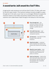 xTool F1 Ultra / F2 Ultra Supplemental Enclosure: annotated diagram of the outer enclosure with pass-through duct, front door, hood clearance, lock and BlazeCut mount