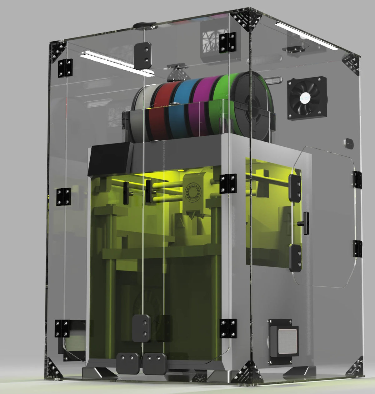 Clearview H2 series external enclosure around a Bambu Lab H2D with the AMS and five spools inside, numbered feature callouts