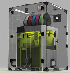 Clearview H2 series external enclosure around a Bambu Lab H2D with the AMS and five spools inside, numbered feature callouts