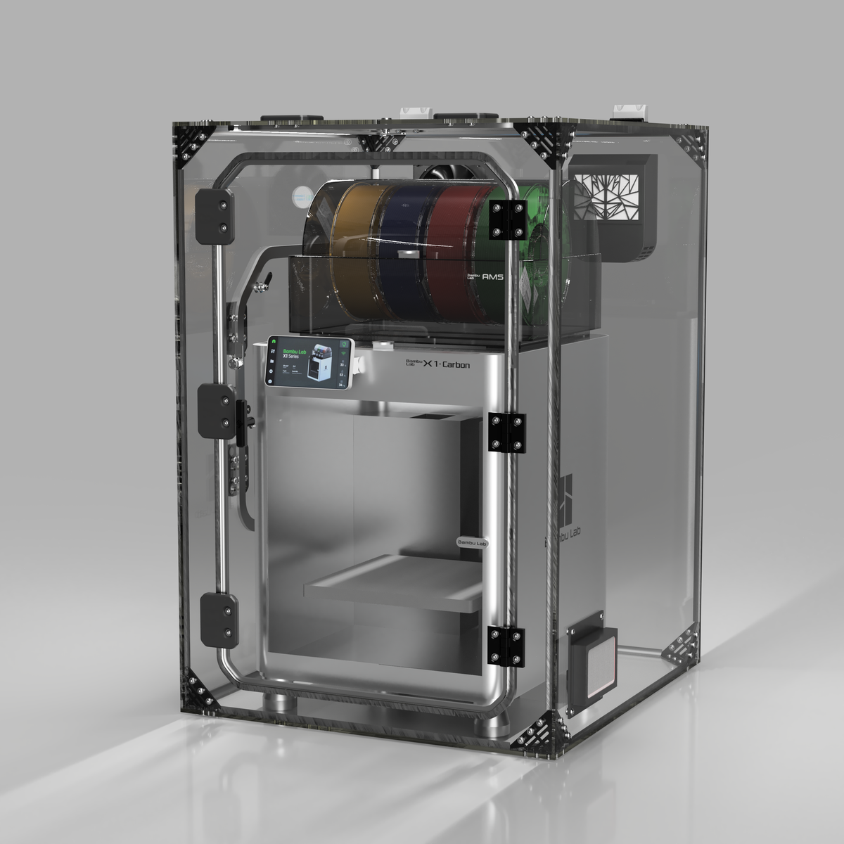 Reference design: Clearview external enclosure providing secondary containment around an enclosed 3D printer. Keyence GX-1000 fit in development