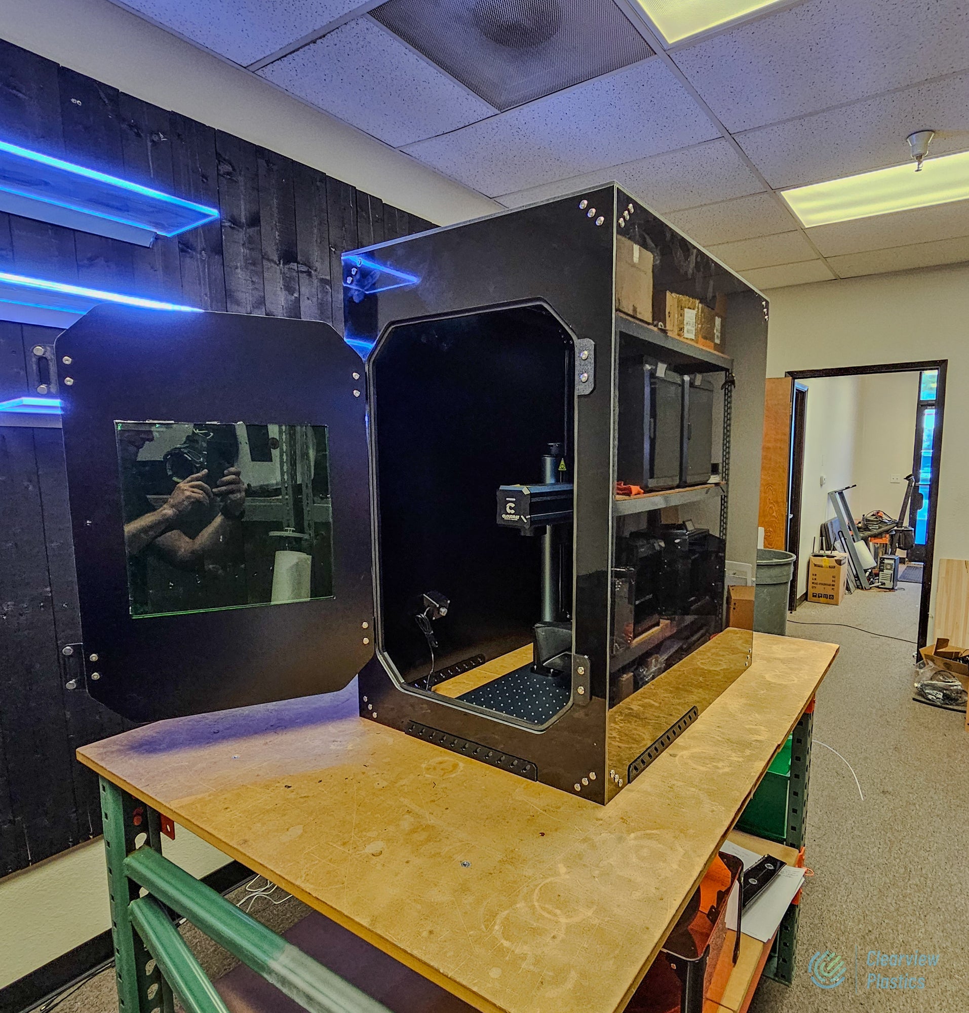 Reference build: Clearview ACM laser marking workstation with marking chamber and equipment bay, the architecture used for Keyence MD-U1000 enclosures