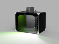 Render: front three-quarter view of the Omron MX-Z laser marker enclosure with double doors and green 1064 nm viewing windows