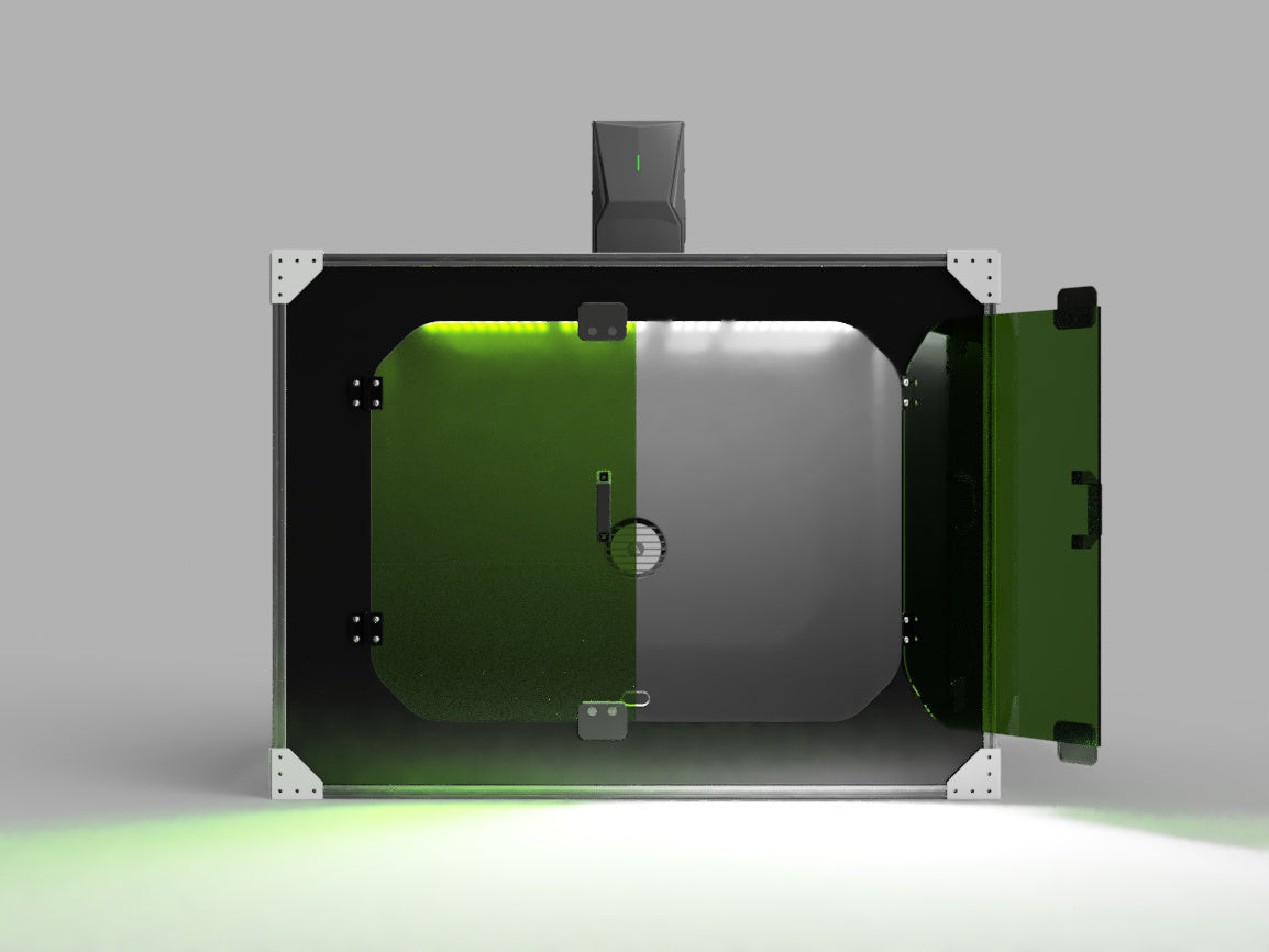 Render: front view of the Panasonic laser marker enclosure with the right door swung open for part loading