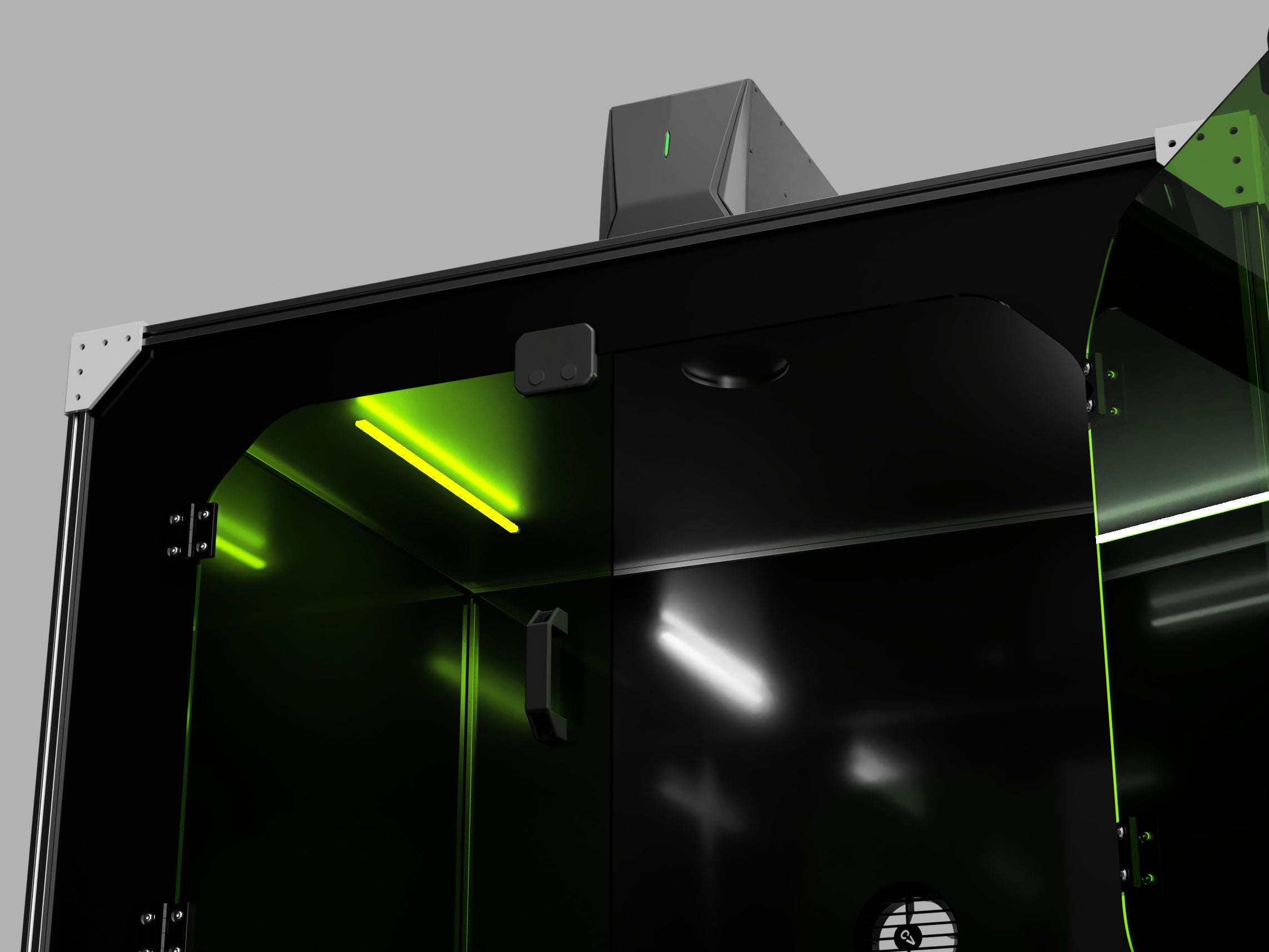 Render: close view of the marking chamber through the green 1064 nm viewing windows, with door hinges and pull handle