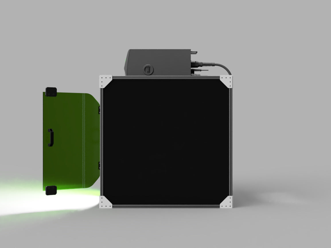Render: side view of the Panasonic laser marker enclosure with the door open