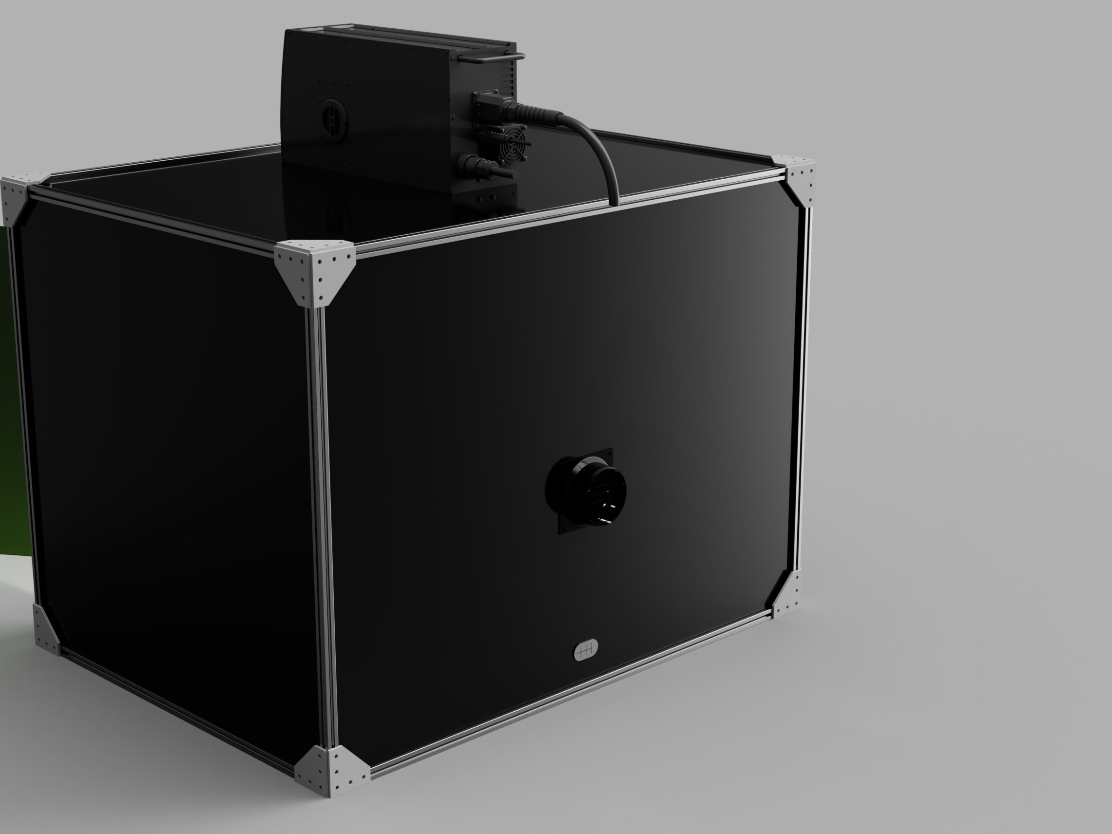Render: rear view showing the exhaust port on the back panel and the aluminum extrusion frame with corner brackets