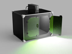 Render: Clearview aluminum-frame laser marking enclosure for the Videojet 7340 / 7440 Lightfoot laser, front corner with the right door open, shown with a representative marking head (the Lightfoot is much smaller) and green 1064 nm viewing windows