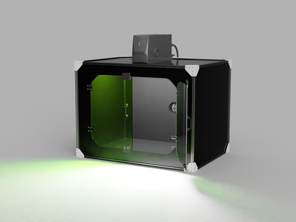Render: front three-quarter view of the Videojet laser enclosure with double doors and green 1064 nm viewing windows