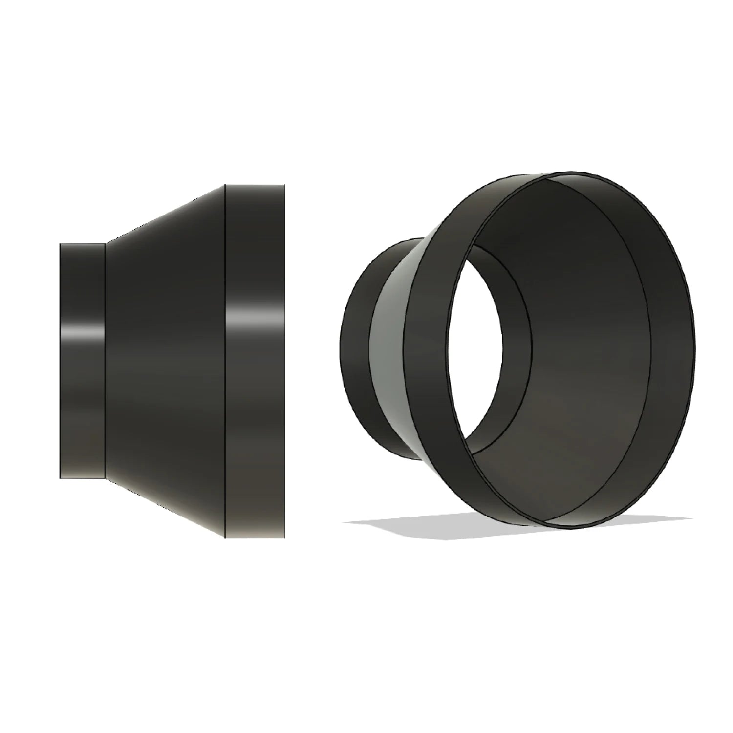 xTool O1 Omni to AP2 air purifier slip-on reducer adapter, black PETG, side profile and three-quarter view