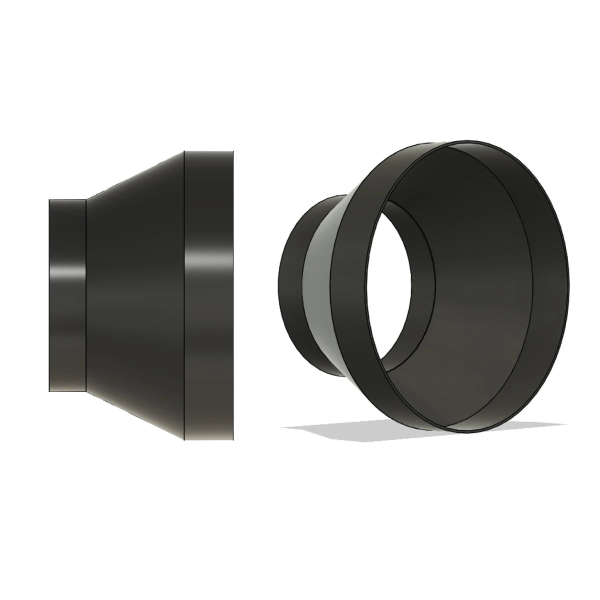 xTool O1 Omni to AP2 air purifier slip-on reducer adapter, black PETG, side profile and three-quarter view